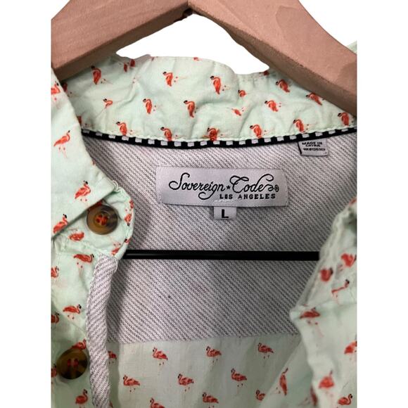 Sovereign Code Short Sleeve Green Pink Flamingos Button Down Shirt Size Large - Picture 3 of 5